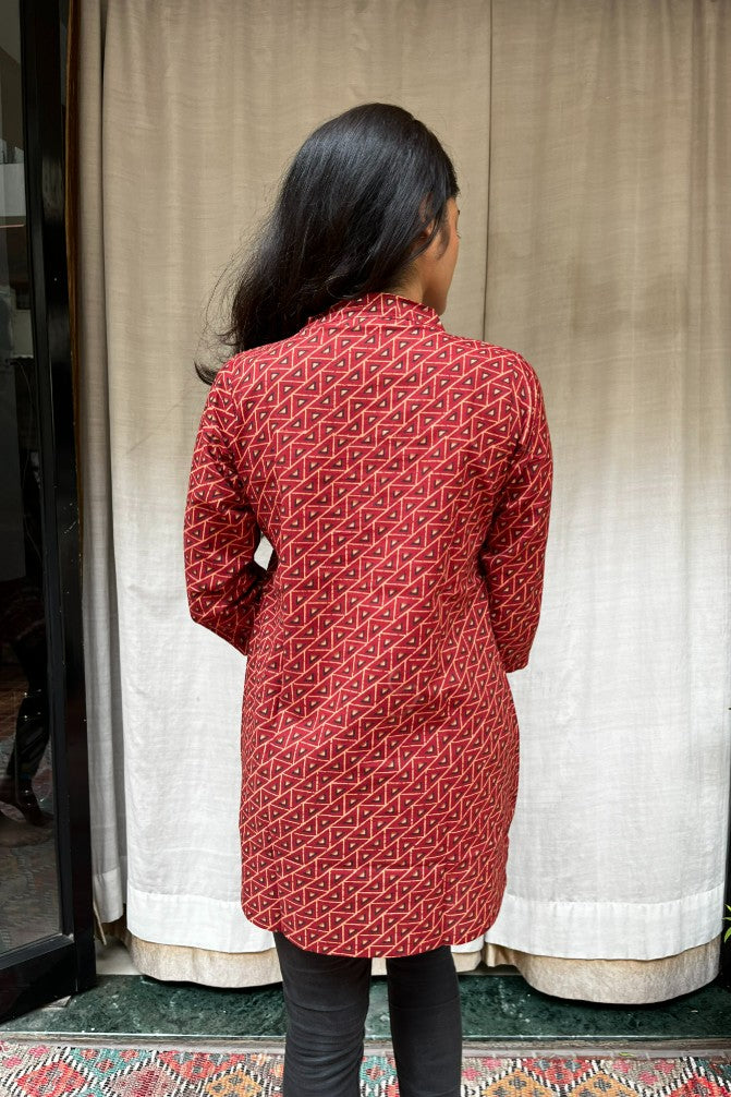 Girija Red Cotton Short Top Kurti. Hip covering for every day wear 