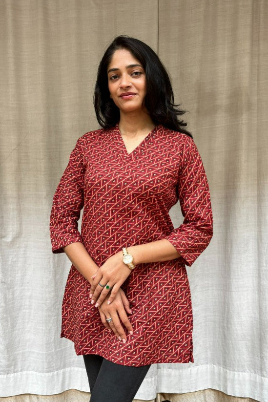 Girija Red Cotton Short Top Kurti. Hip covering for every day wear 