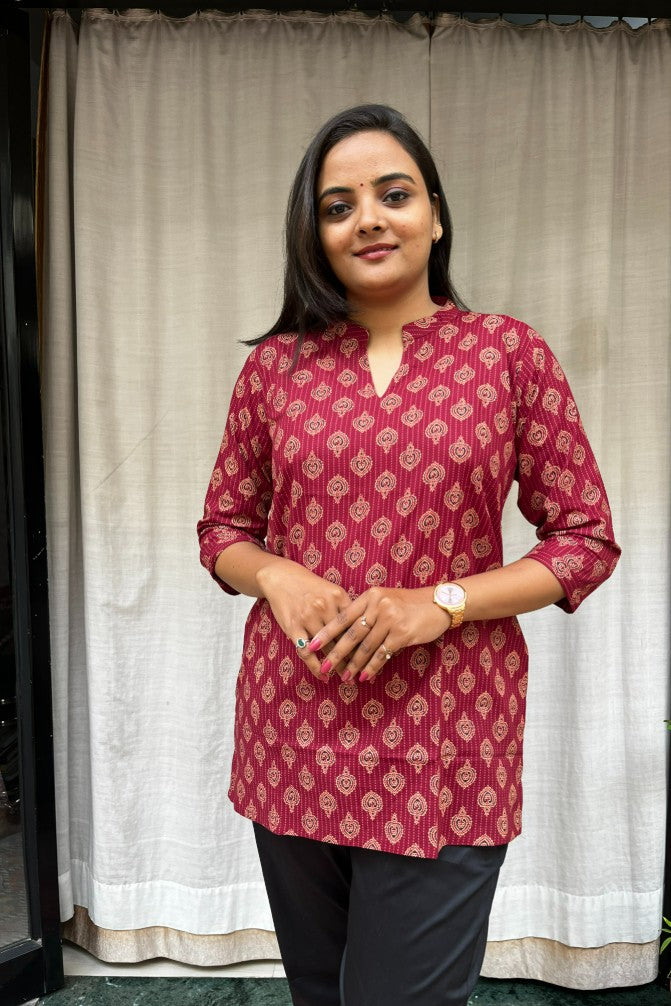 Kiara Red Cotton Short Top Kurti. Hip covering for every day wear 