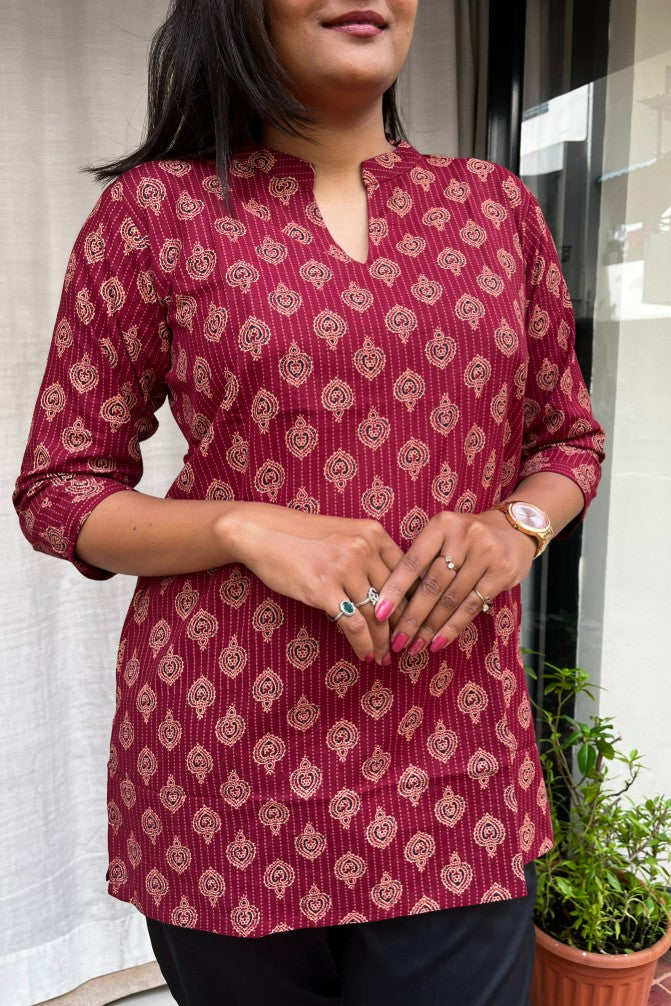 Kiara Red Cotton Short Top Kurti. Hip covering for every day wear 