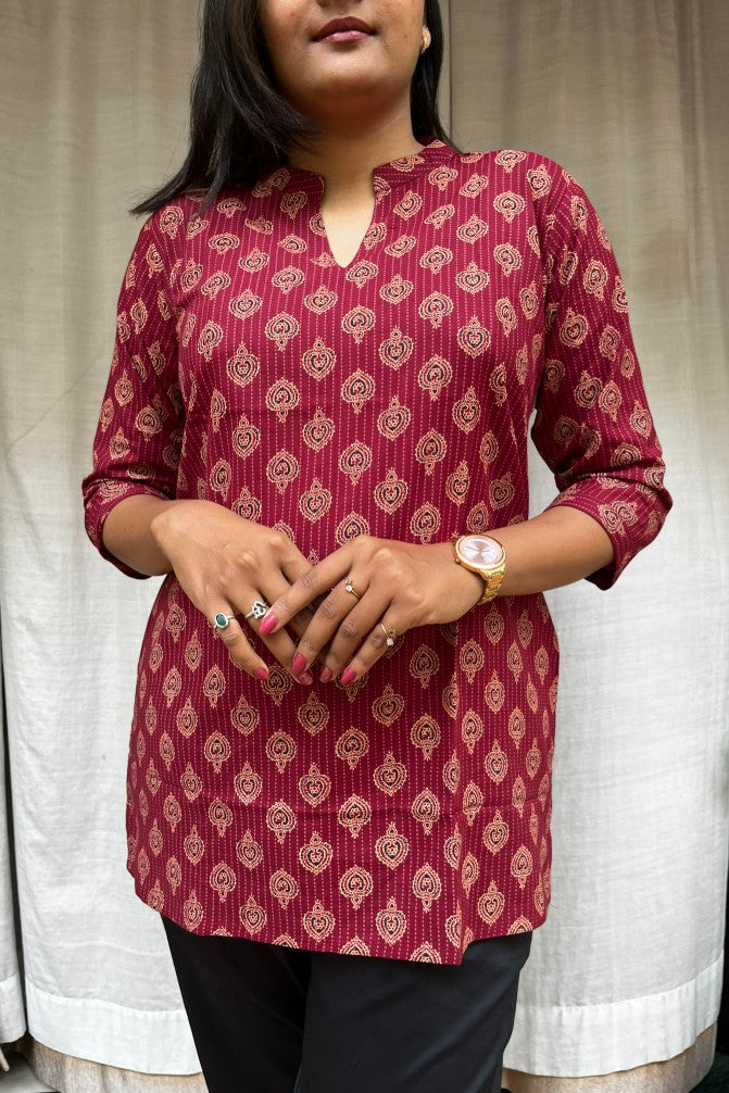 Kiara Red Cotton Short Top Kurti. Hip covering for every day wear 