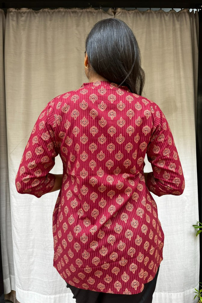Kiara Red Cotton Short Top Kurti. Hip covering for every day wear 