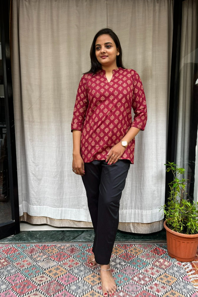 Kiara Red Cotton Short Top Kurti. Hip covering for every day wear 