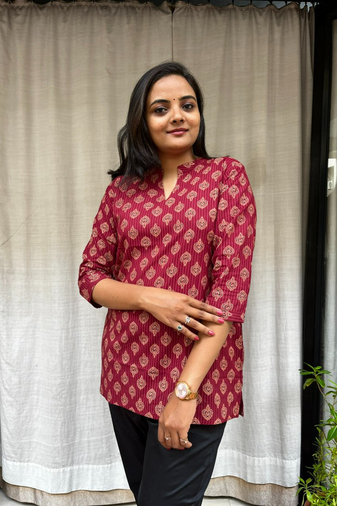 Kiara Red Cotton Short Top Kurti. Hip covering for every day wear 