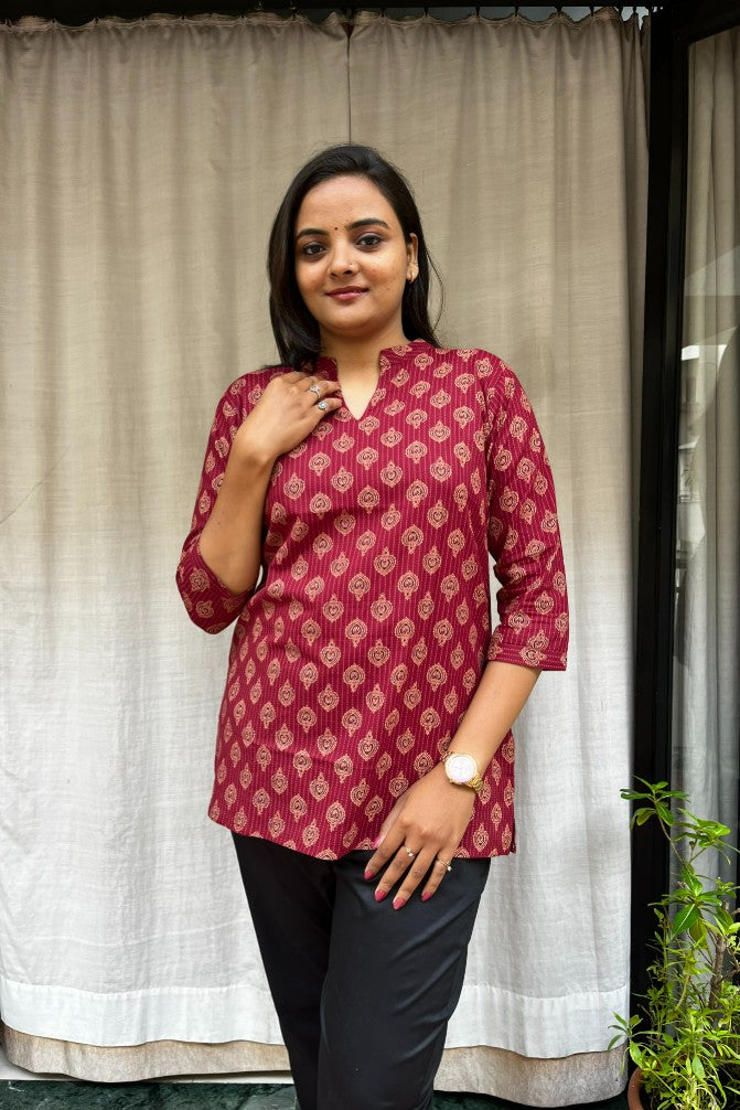 Kiara Red Cotton Short Top Kurti. Hip covering for every day wear 