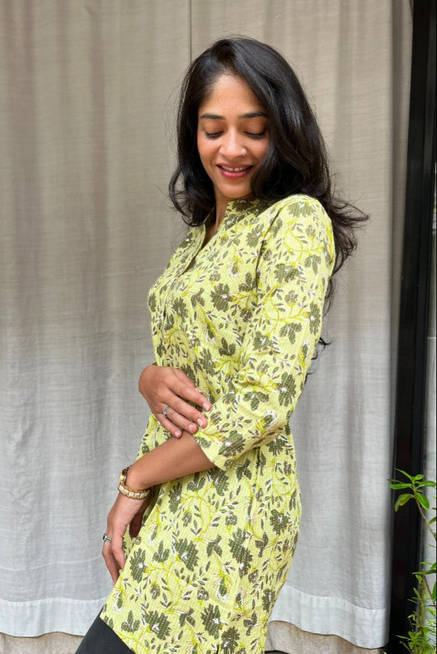 Sakti Green Cotton Short Top Kurti. Hip covering for every day wear 