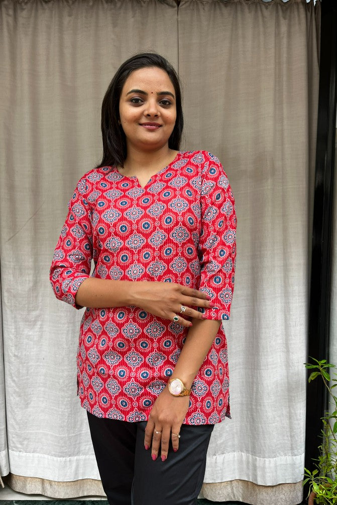 Devki Red Cotton Short Top Kurti. Hip covering for every day wear 