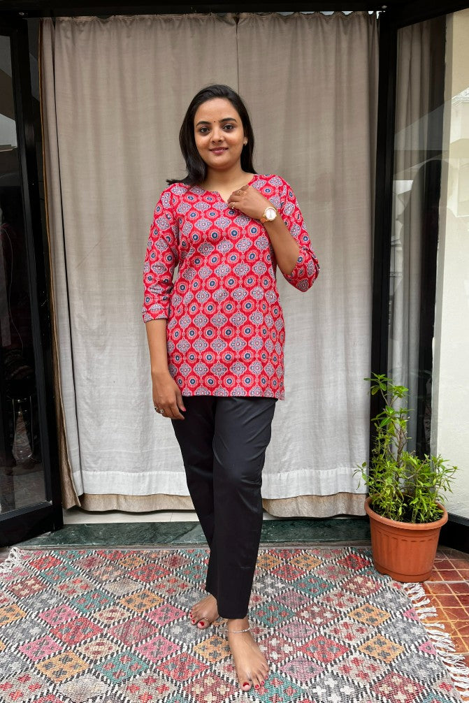 Devki Red Cotton Short Top Kurti. Hip covering for every day wear 