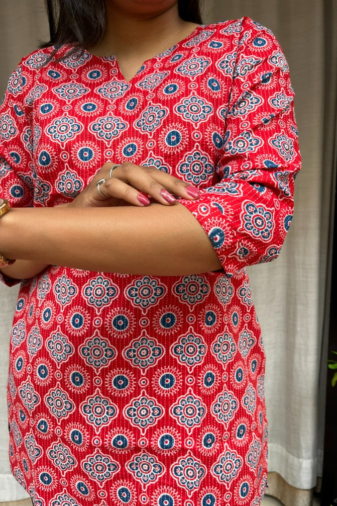 Devki Red Cotton Short Top Kurti. Hip covering for every day wear 