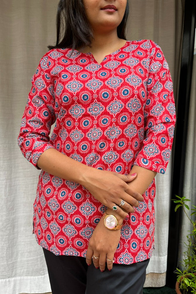 Devki Red Cotton Short Top Kurti. Hip covering for every day wear 