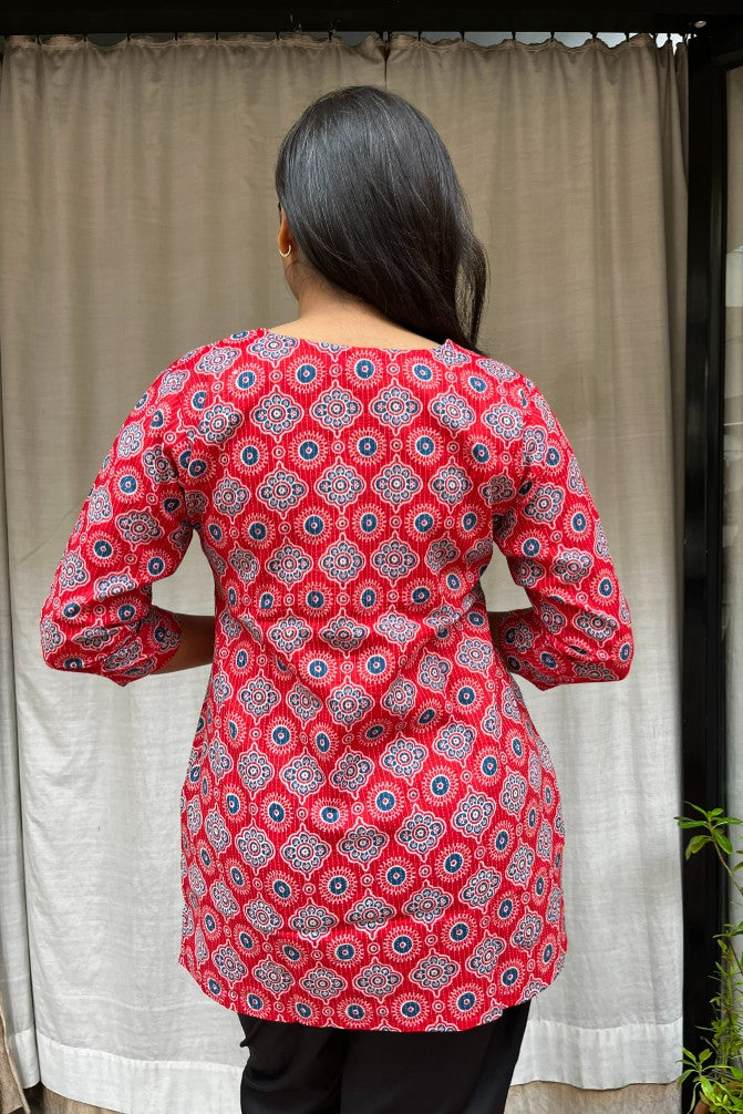 Devki Red Cotton Short Top Kurti. Hip covering for every day wear 