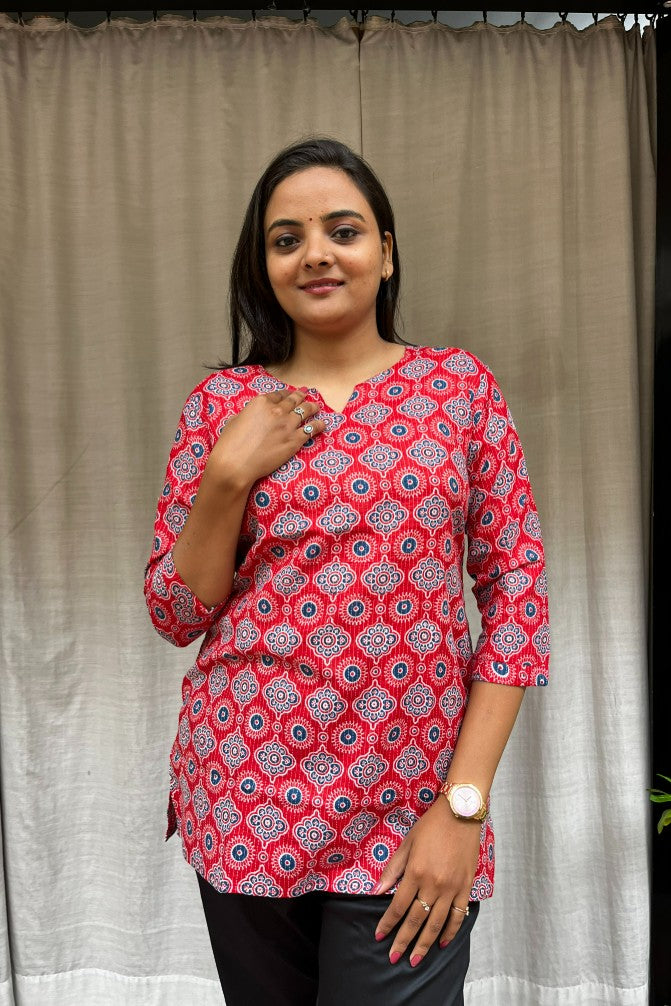 Devki Red Cotton Short Top Kurti. Hip covering for every day wear 