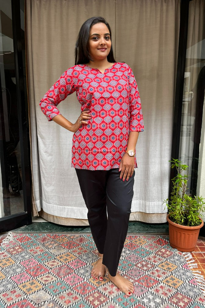 Devki Red Cotton Short Top Kurti. Hip covering for every day wear 