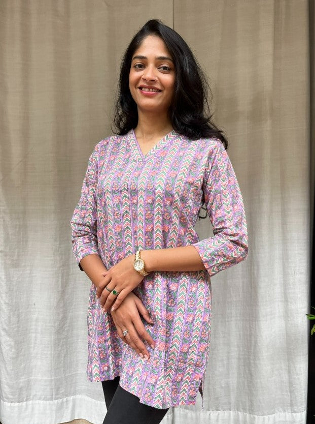 Girija Purple Cotton Short Top Kurti
