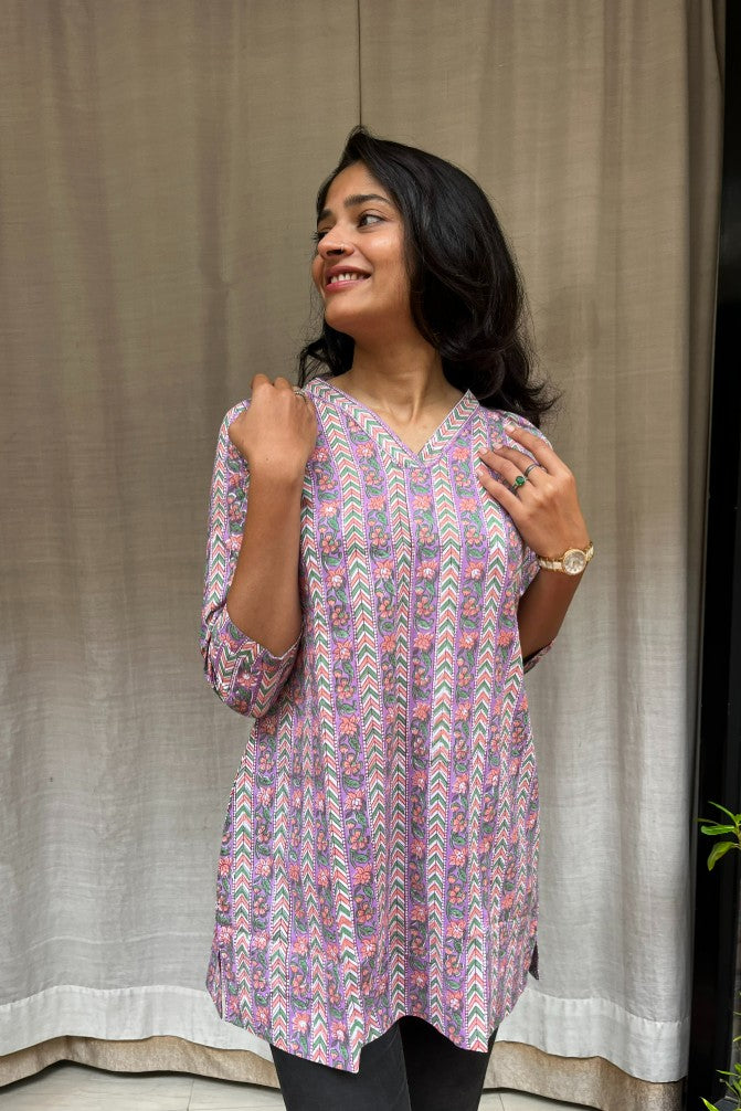 Girija Purple Cotton Short Top Kurti. Hip covering for every day wear 
