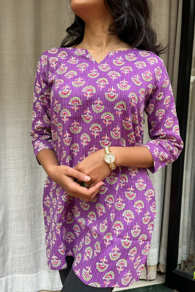 Devki Purple Cotton Short Top Kurti. Hip covering for every day wear 