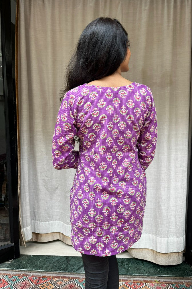 Devki Purple Cotton Short Top Kurti. Hip covering for every day wear 