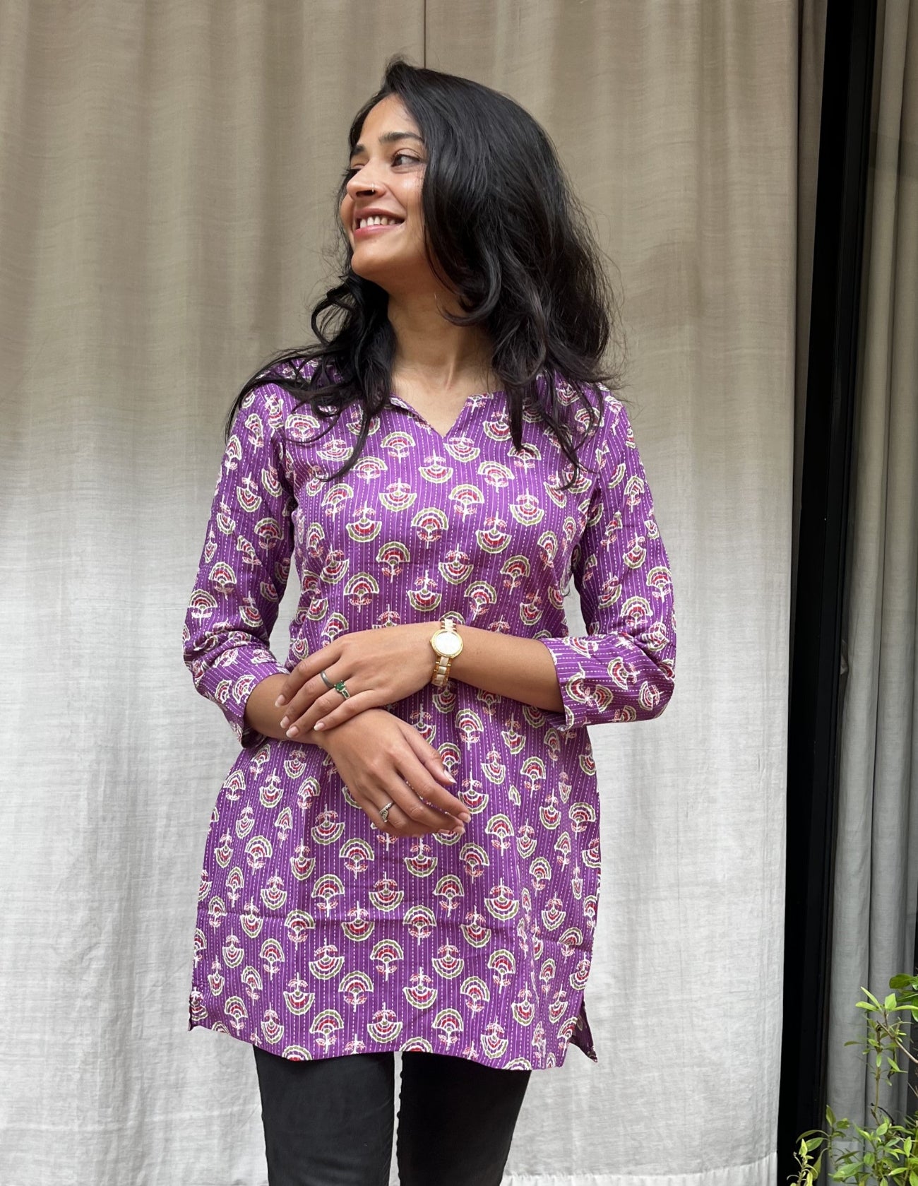 Devki Purple Cotton Short Top Kurti. Hip covering for every day wear 