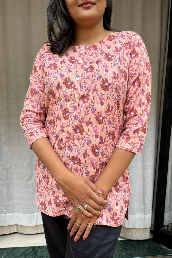 Uma Pink Cotton Short Top Kurti. Hip covering for every day wear 