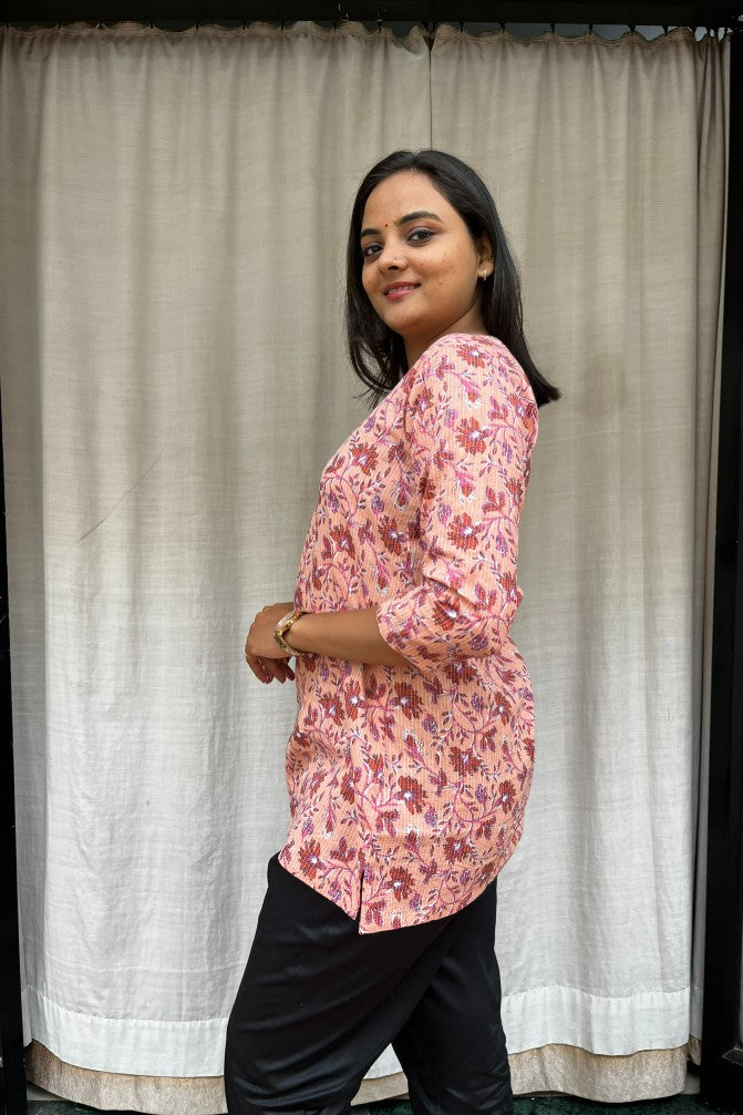 Uma Pink Cotton Short Top Kurti. Hip covering for every day wear 