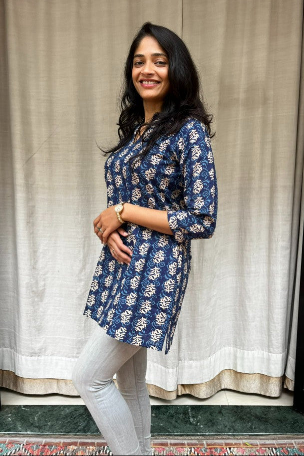 Kiara Blue Cotton Short Top Kurti. Hip covering for every day wear 