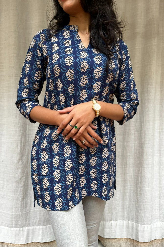 Kiara Blue Cotton Short Top Kurti. Hip covering for every day wear 