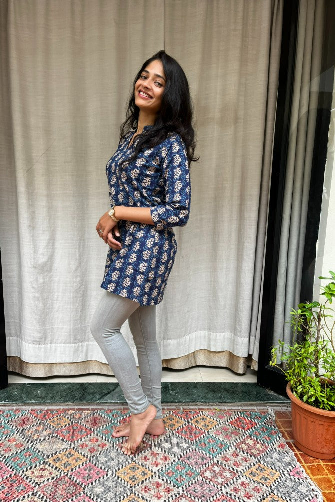 Kiara Blue Cotton Short Top Kurti. Hip covering for every day wear 