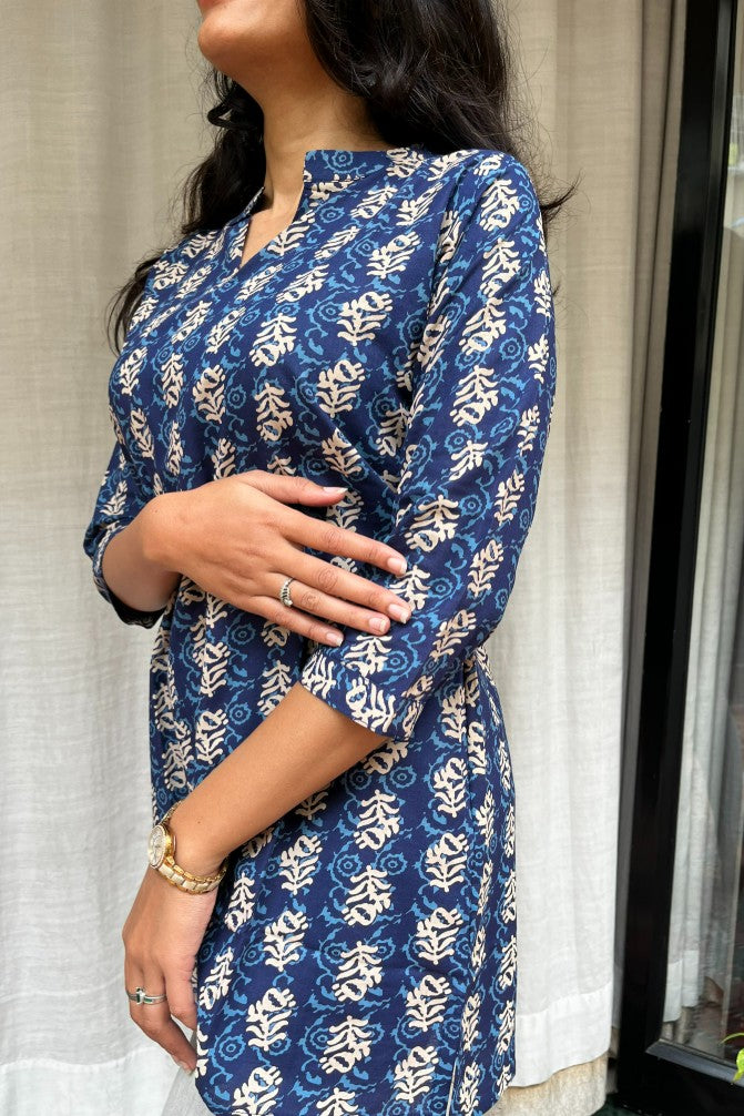 Kiara Blue Cotton Short Top Kurti. Hip covering for every day wear 