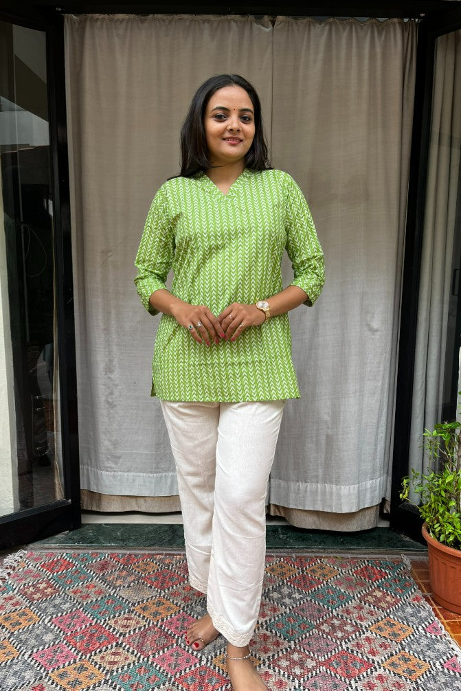 Girija Green Cotton Short Top Kurti. Hip covering for every day wear 