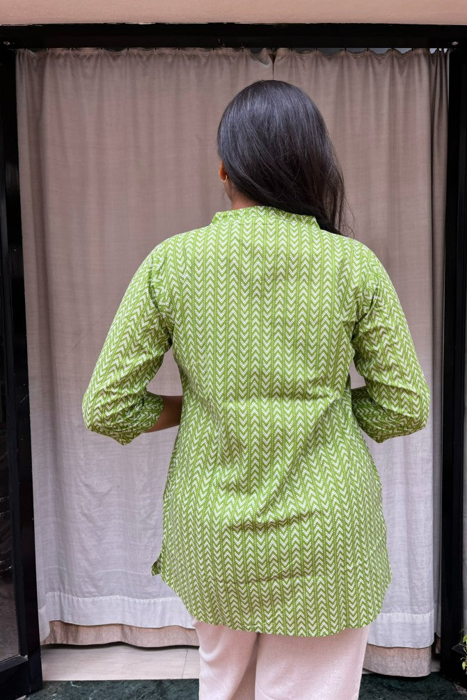 Girija Green Cotton Short Top Kurti. Hip covering for every day wear 