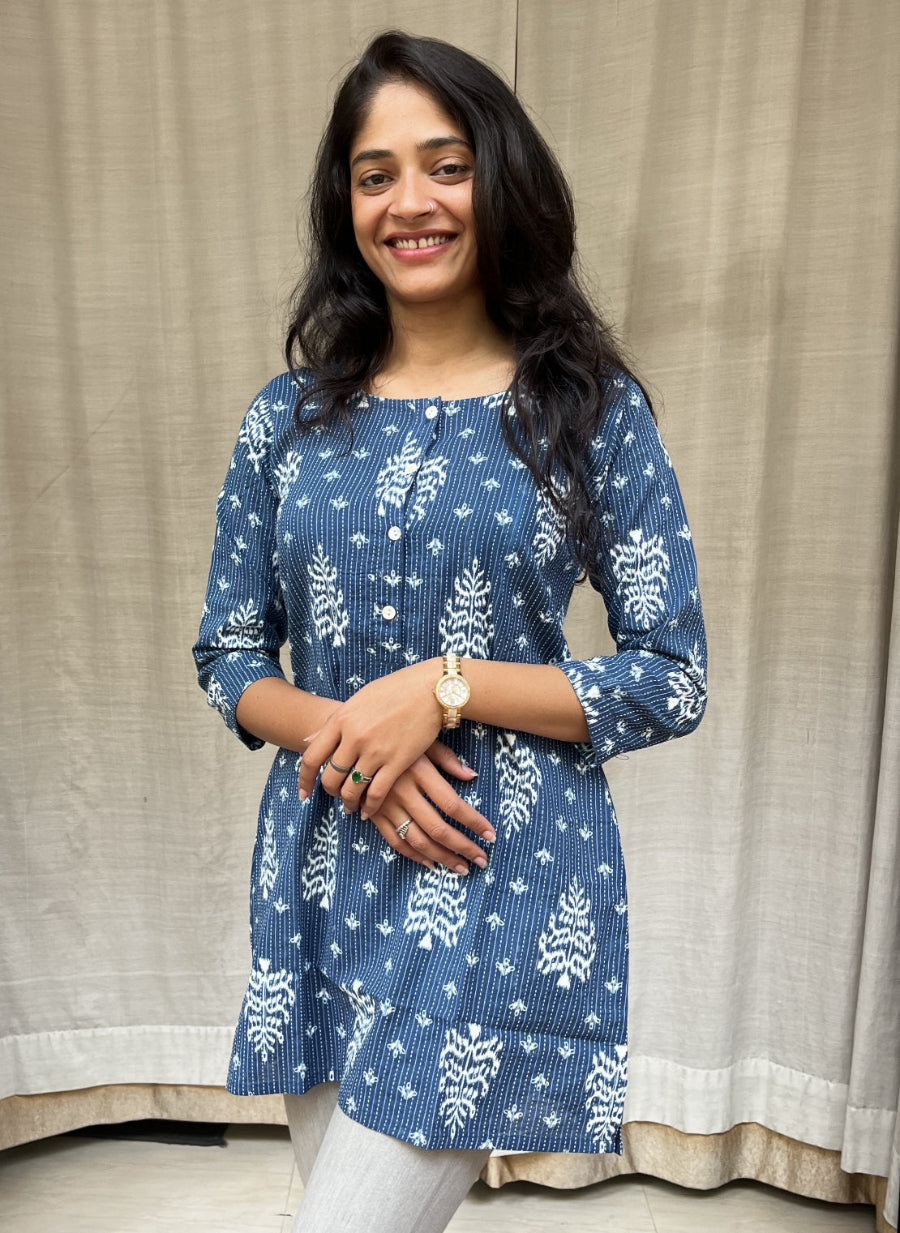 Uma Blue Cotton Short Top Kurti