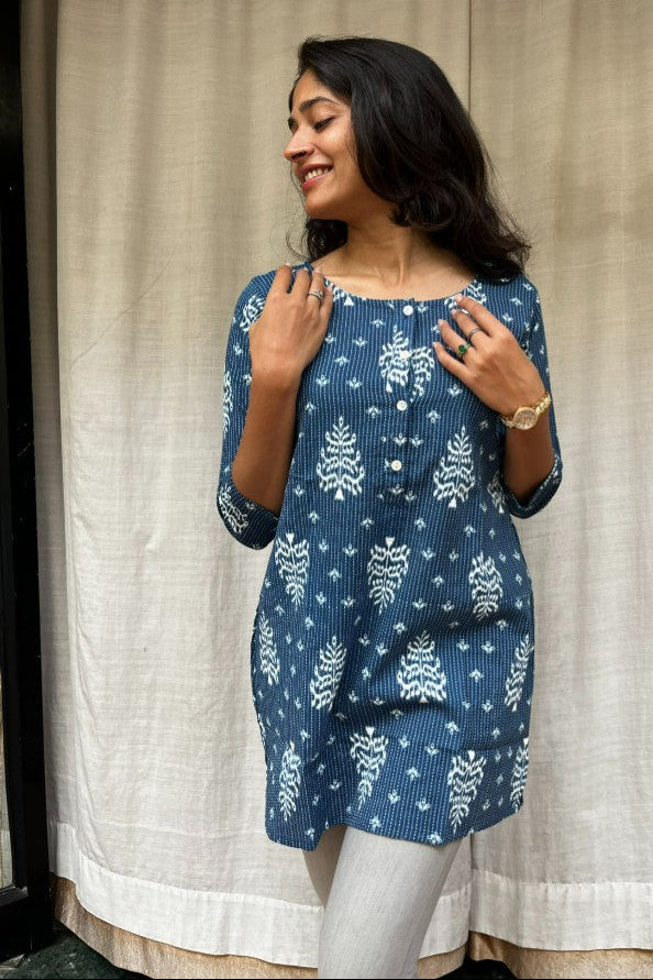 Uma Blue Cotton Short Top Kurti. Hip covering for every day wear 