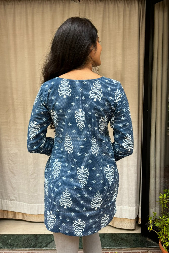 Uma Blue Cotton Short Top Kurti. Hip covering for every day wear 