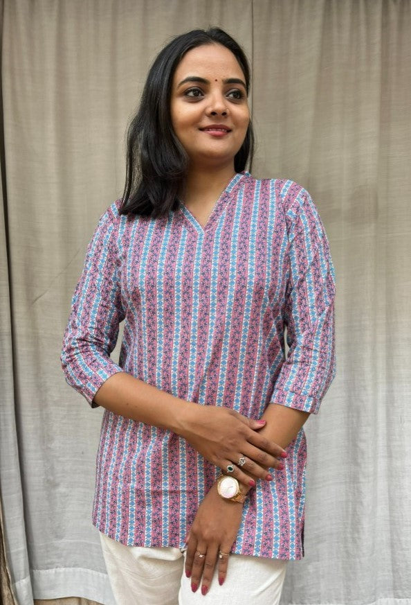 Girija Pink Cotton Short Top Kurti