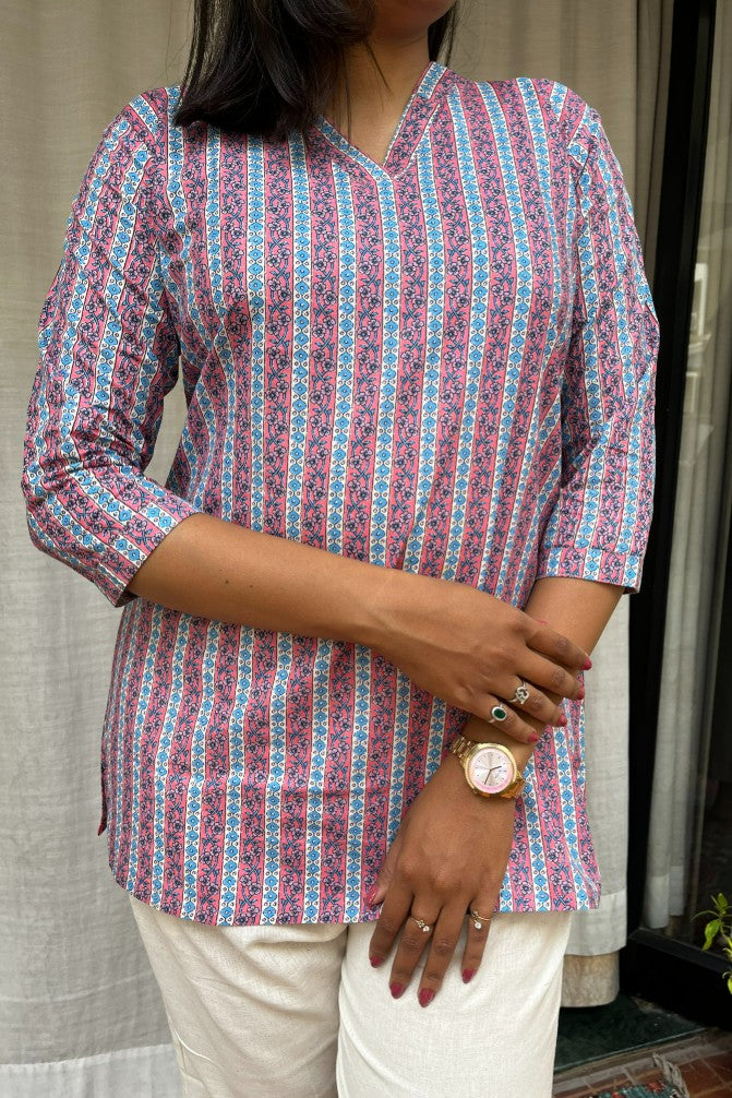 Girija Pink Cotton Short Top Kurti. Hip covering for every day wear 