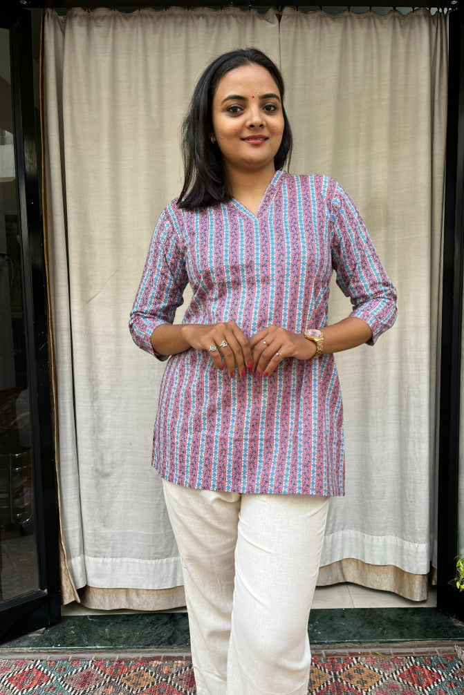 Girija Pink Cotton Short Top Kurti. Hip covering for every day wear 