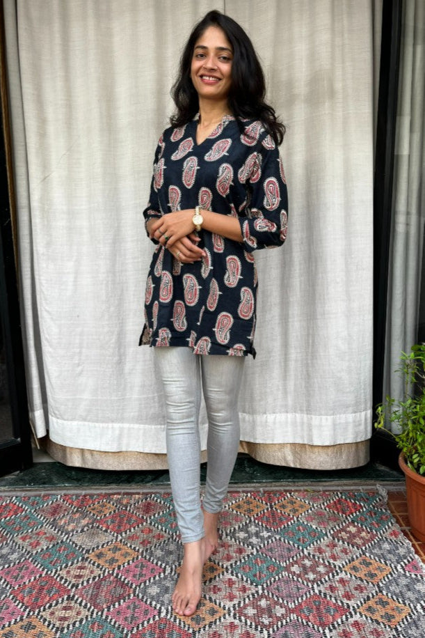 Kiara Black Cotton Short Top Kurti. Hip covering for every day wear 