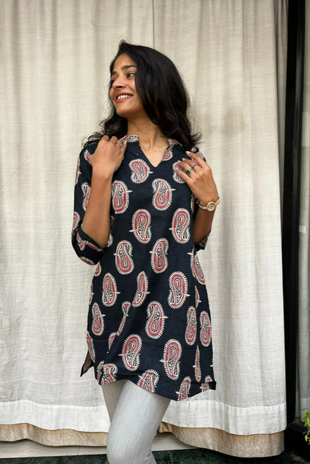 Kiara Black Cotton Short Top Kurti. Hip covering for every day wear 