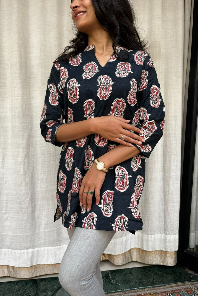 Kiara Black Cotton Short Top Kurti. Hip covering for every day wear 