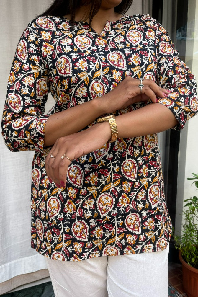 Devki Black Cotton Short Top Kurti. Hip covering for every day wear 