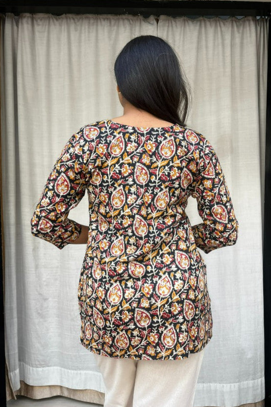 Devki Black Cotton Short Top Kurti. Hip covering for every day wear 