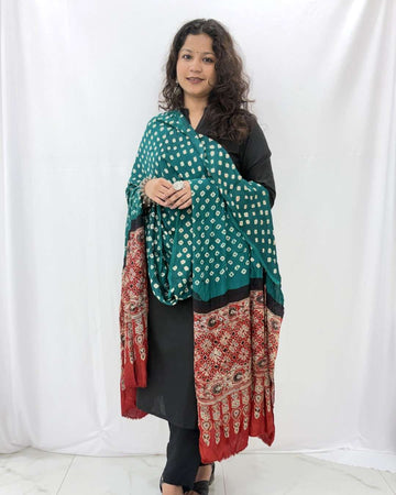 Bandhani Ajrakh Green and Red Modal Silk Dupatta