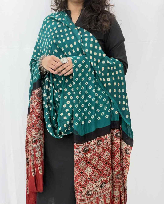 Bandhani Ajrakh Green and Red Modal Silk Dupatta