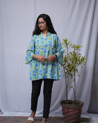 Archi Bagru Cotton Blue A-line Short Top