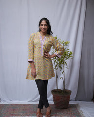 sanganeri cotton yellow a line top   