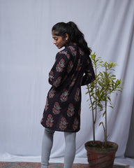 Nirrti Ajrakh Black Cotton Short Top Kurti