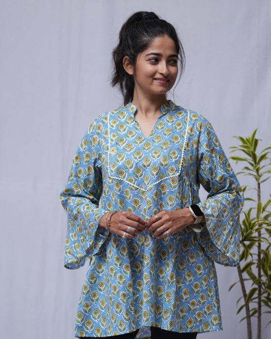 sanganeri cotton blue short top    