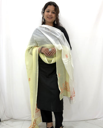 Lucknowi Chikankari Yellow White Kota Silk Dupatta