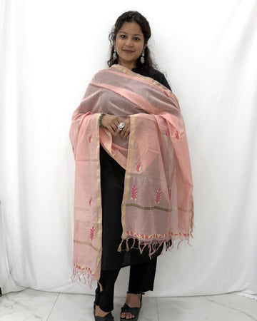 Lucknowi Chikankari Peach Chanderi Silk Dupatta
