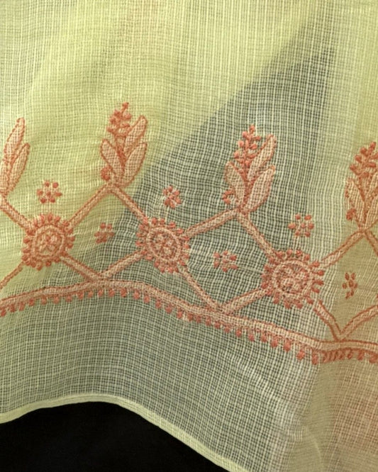 Lucknowi Chikankari Yellow White Kota Silk Dupatta